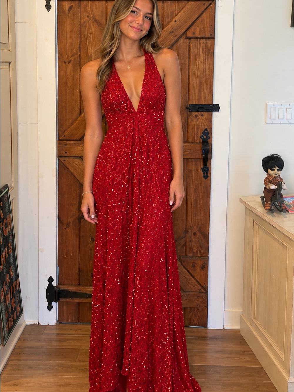 Red Sequin Halter Evening Gown